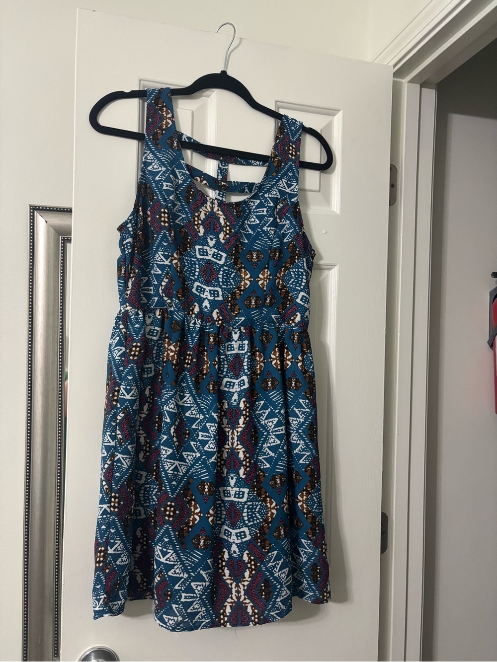 Xhilaration Teal Aztec-Pattern Mini Dress with Brown Accents